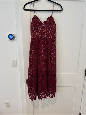Self-Portrait Burgundy Lace Midi Dress with Spaghetti Straps